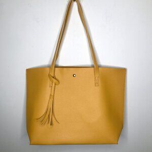 Mustard Pebble Yellow Shoulder Handbag Tote w/ Tassel
